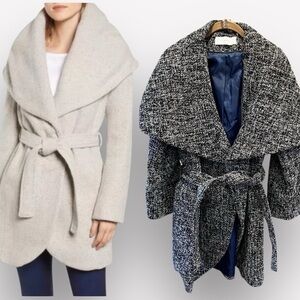 🇪🇸🐠TAHARI Marla belted wrap wool coat tweed black white XS